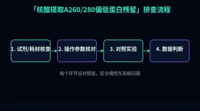 教程配图2：核酸提取A260/280偏低蛋白残留 排查流程示意