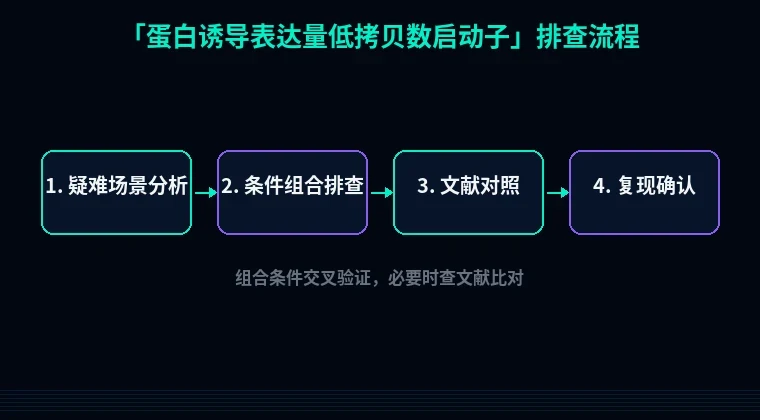 教程配图3：蛋白诱导表达量低拷贝数启动子 排查流程示意