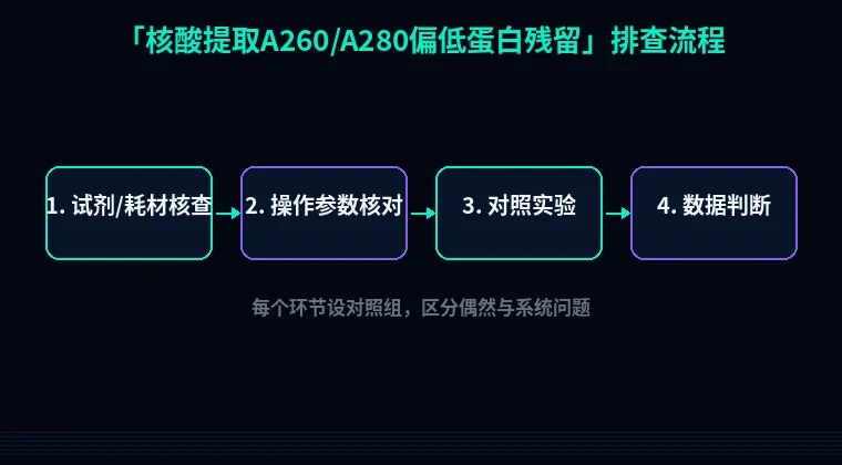 教程配图2:核酸提取A260/A280偏低蛋白残留 排查流程示意