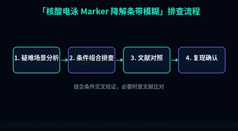 教程配图3：核酸电泳 Marker 降解条带模糊 排查流程示意